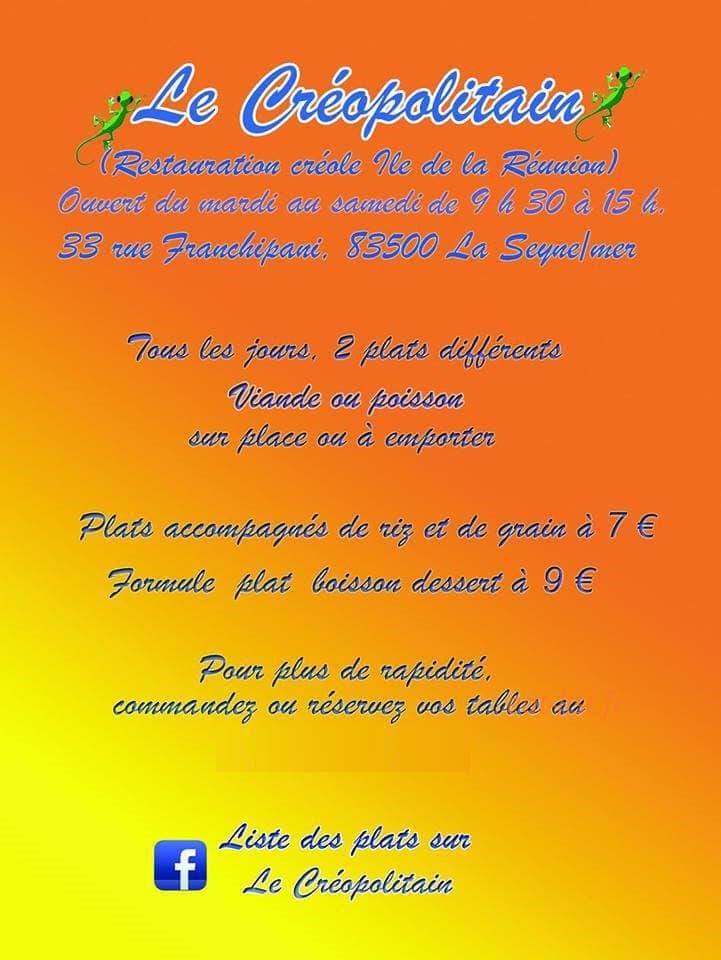 Carte et menu de Le créopolitain à La Seyne sur Mer — Les informations sur les menus