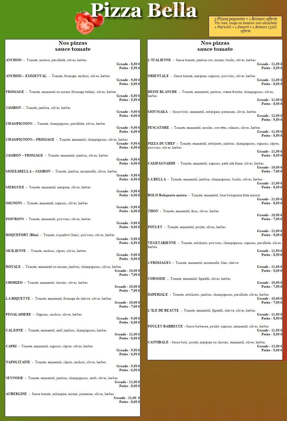 Pizza Bella — carte page 1