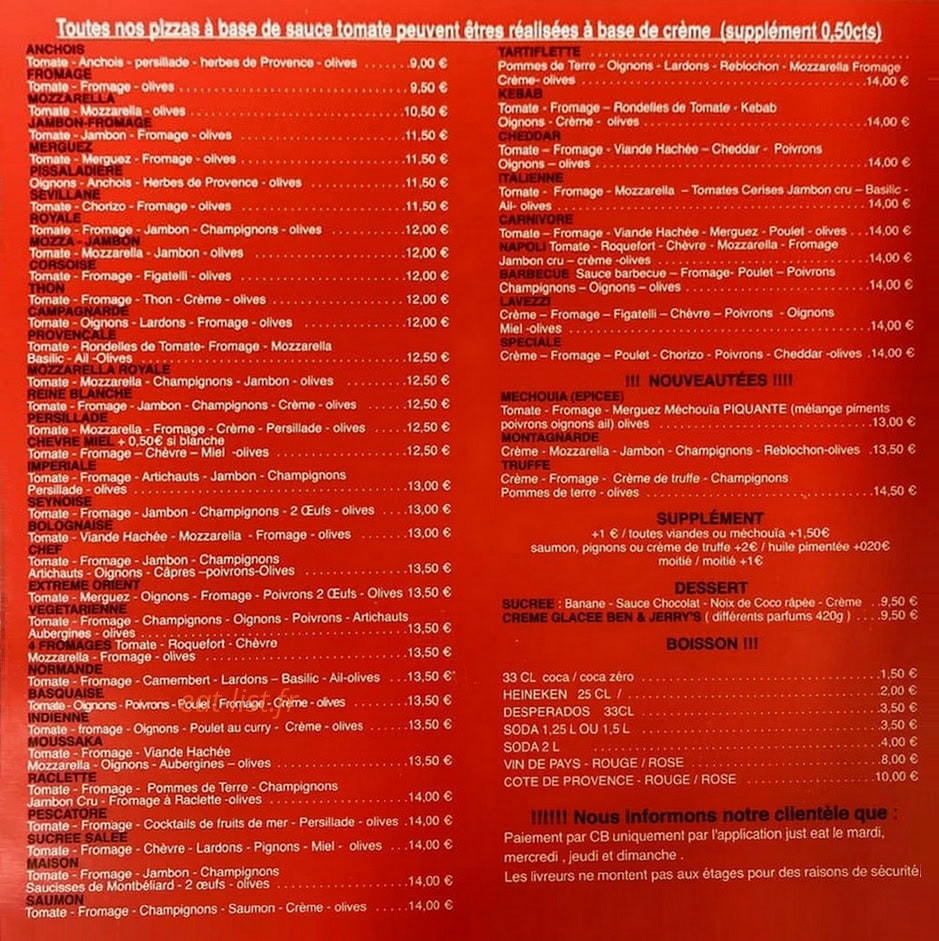 Carte et menu de Pizza Fredo à La Seyne sur Mer — Carte 2