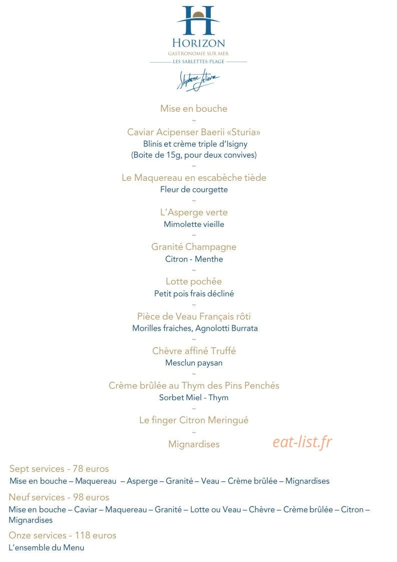 Le restaurant Horizon — carte page 1