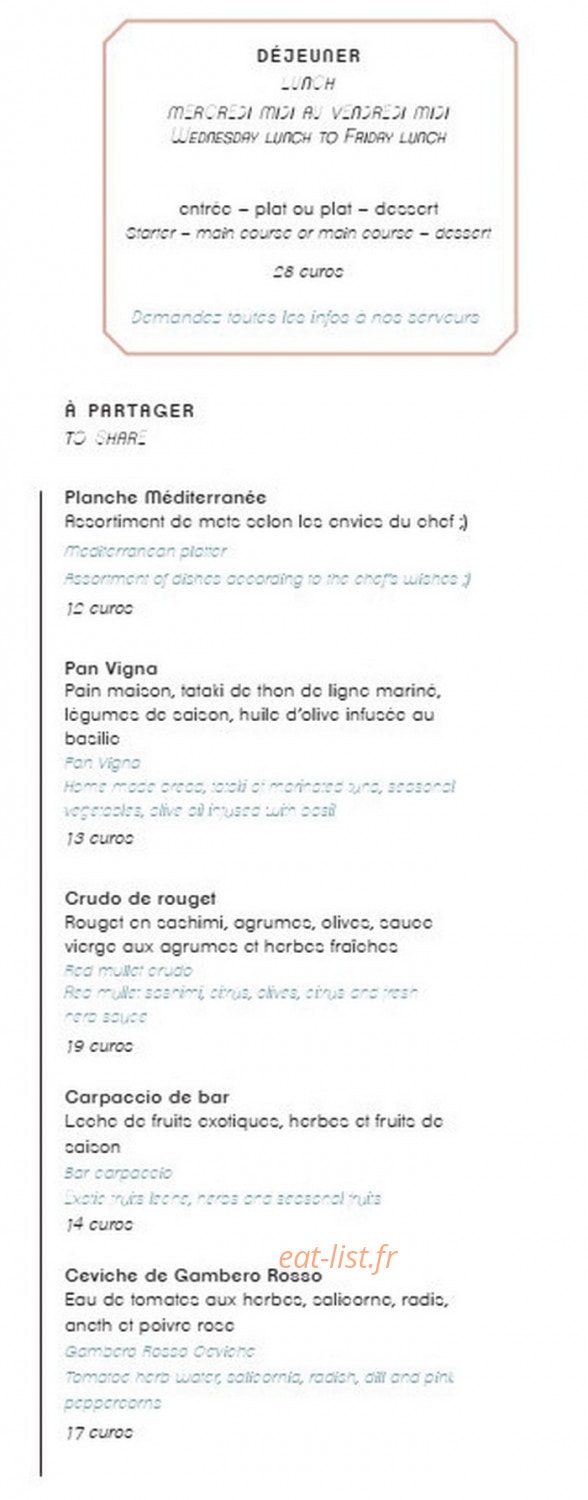 Vigna restaurant — carte page 1