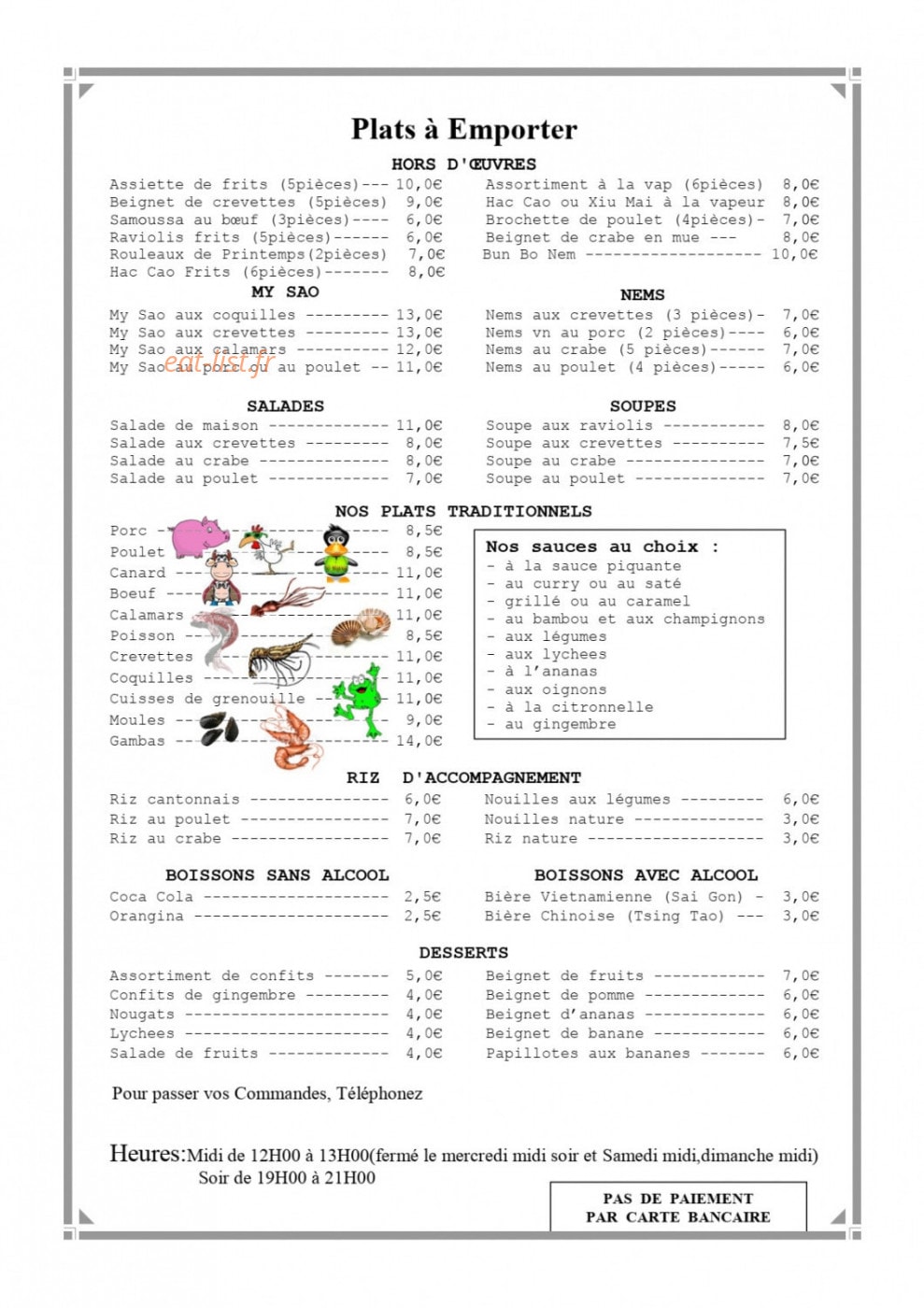 Carte et menu de Restaurant Viet Nam à Vinon sur Verdon — Les plats à emporter