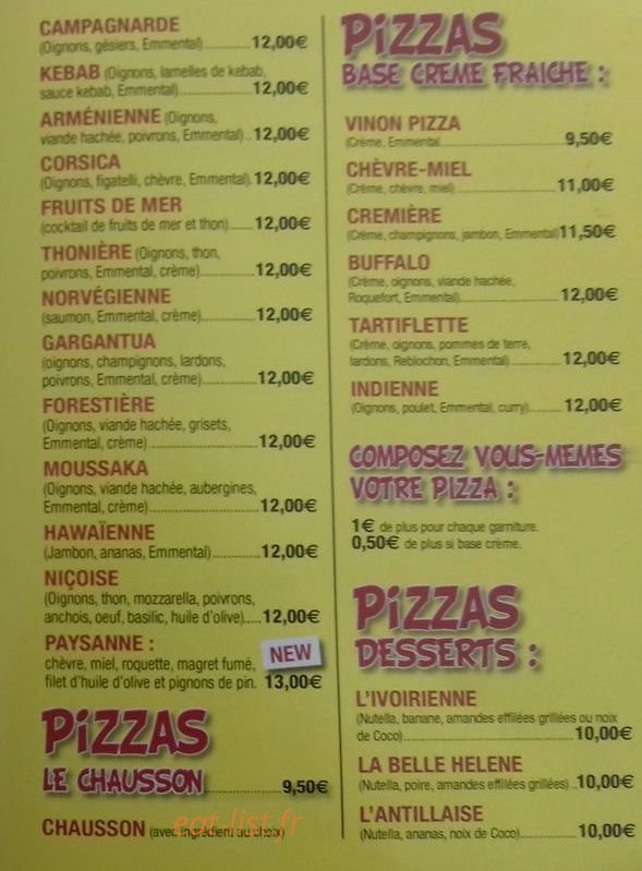 Vinon Pizzas — carte page 2
