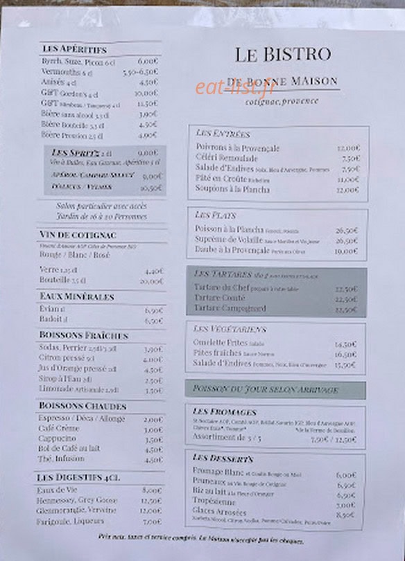 Le Bistro — carte page 1
