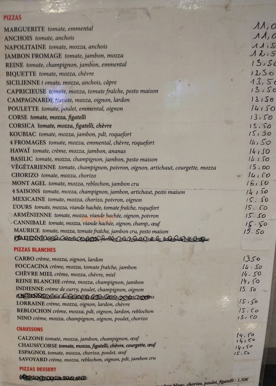 SOS Pizza — carte page 1