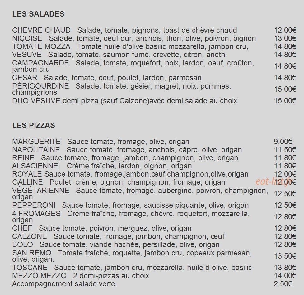 Brasserie Pizzeria Vesuve — carte page 1