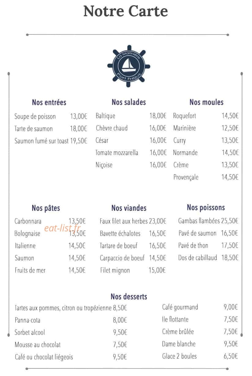 Carte et menu de La Marinière à Frejus — La carte
