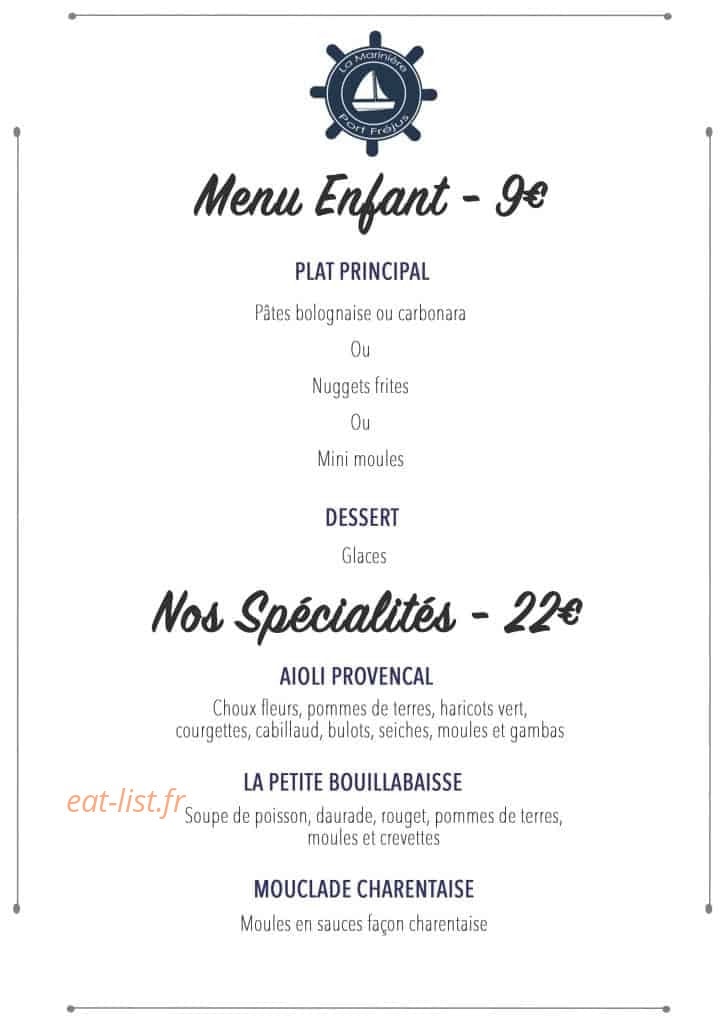 Carte et menu de La Marinière à Frejus — menu enfant et les spécialités