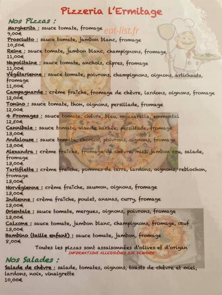 Pizzeria L'ermitage — carte page 1