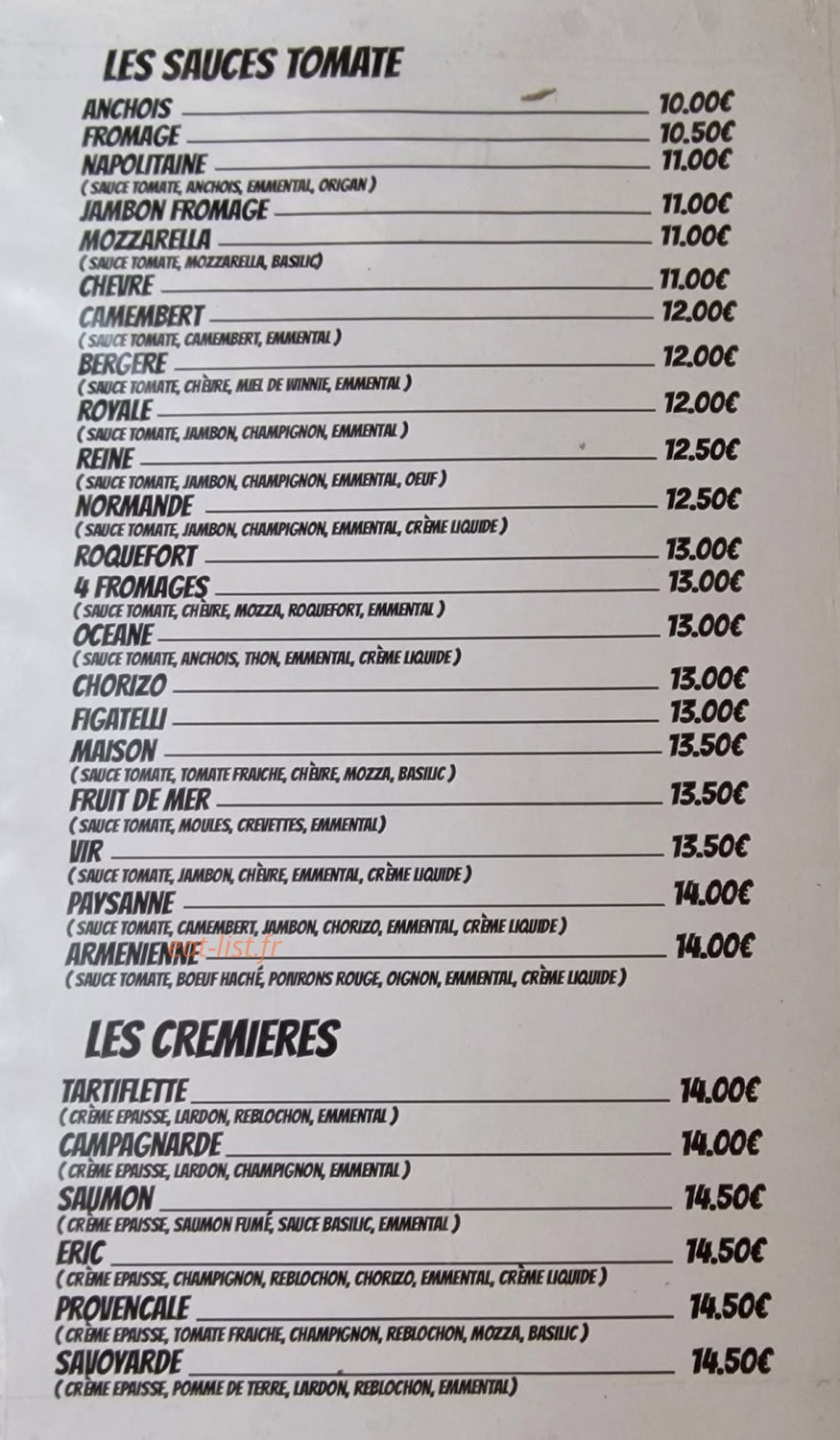 Virgin's pizza — carte page 1