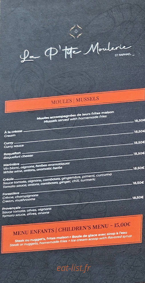 Carte et menu de La P'tite Moulerie à Saint Raphael — Les moules et menu enfants