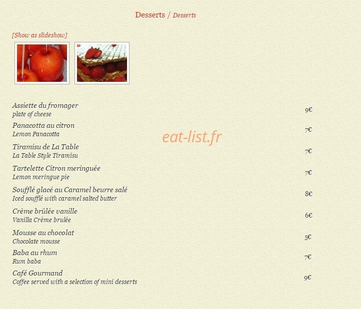La Table — carte page 2