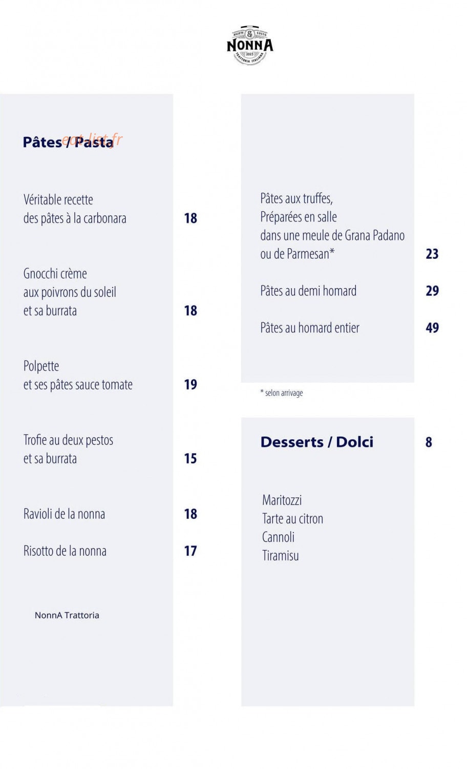 Nonna Trattoria — carte page 3