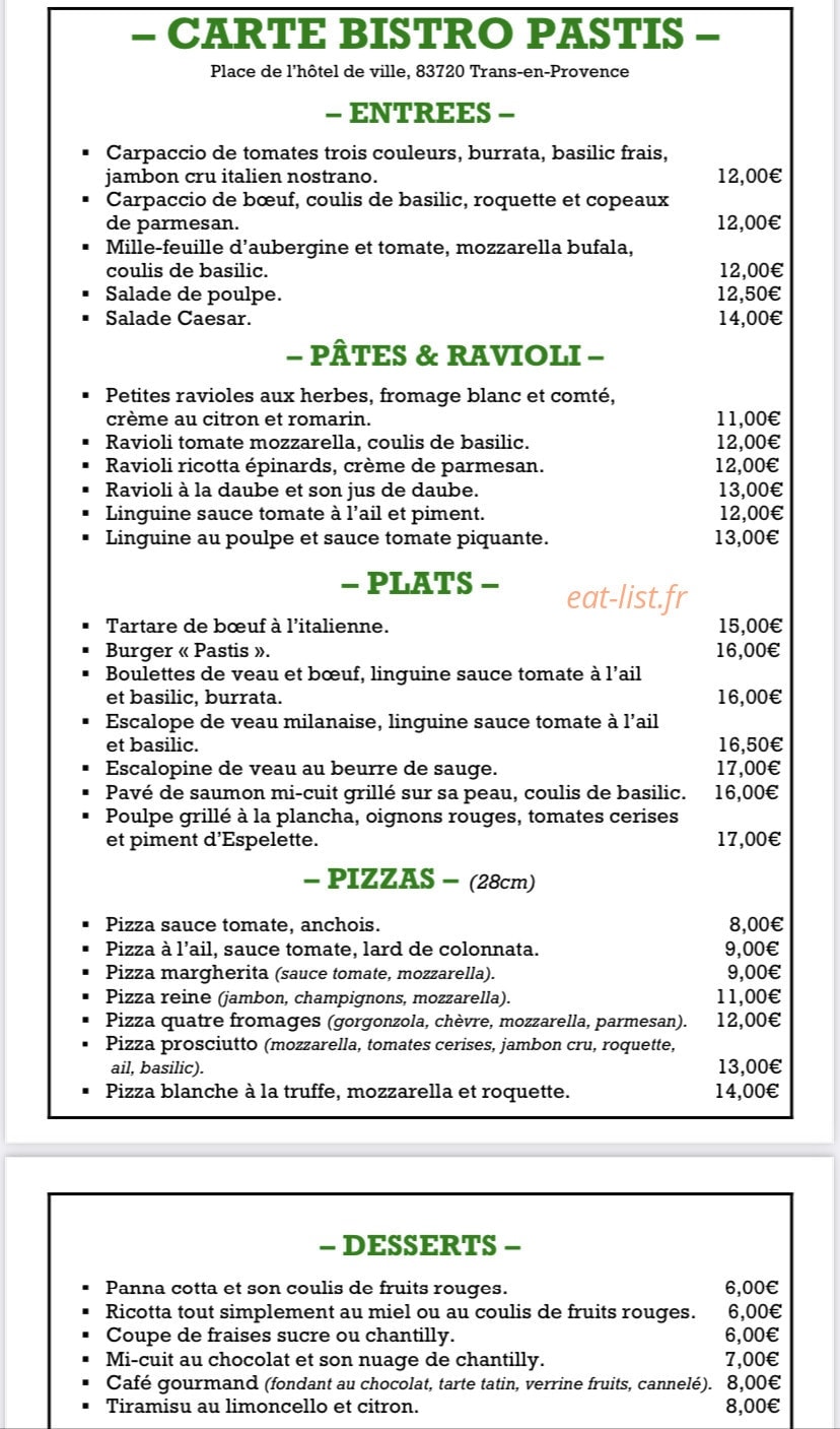 Bistro Pastis — carte page 1