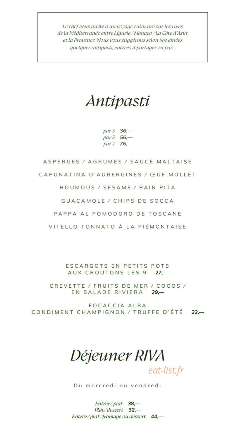 Riva Restaurant — carte page 1