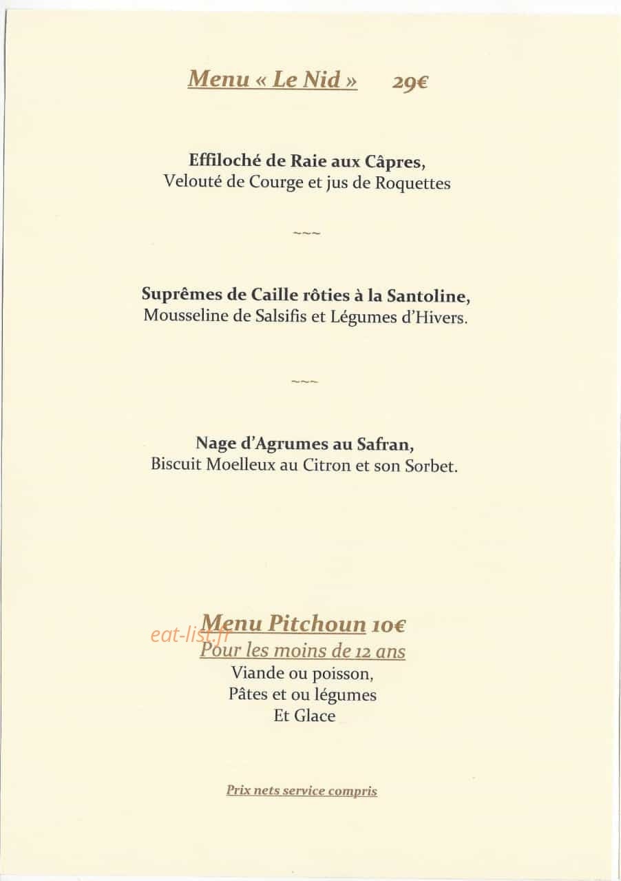 Restaurant Le Nid, — carte page 1