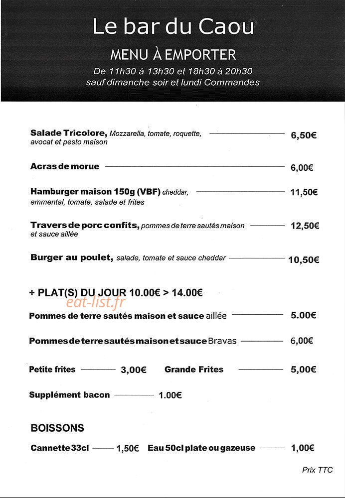 Le bar du Caou — carte page 1