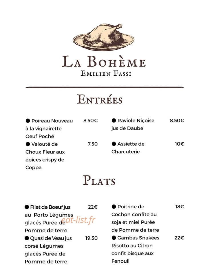 La Bohème à La Motte menu et photos