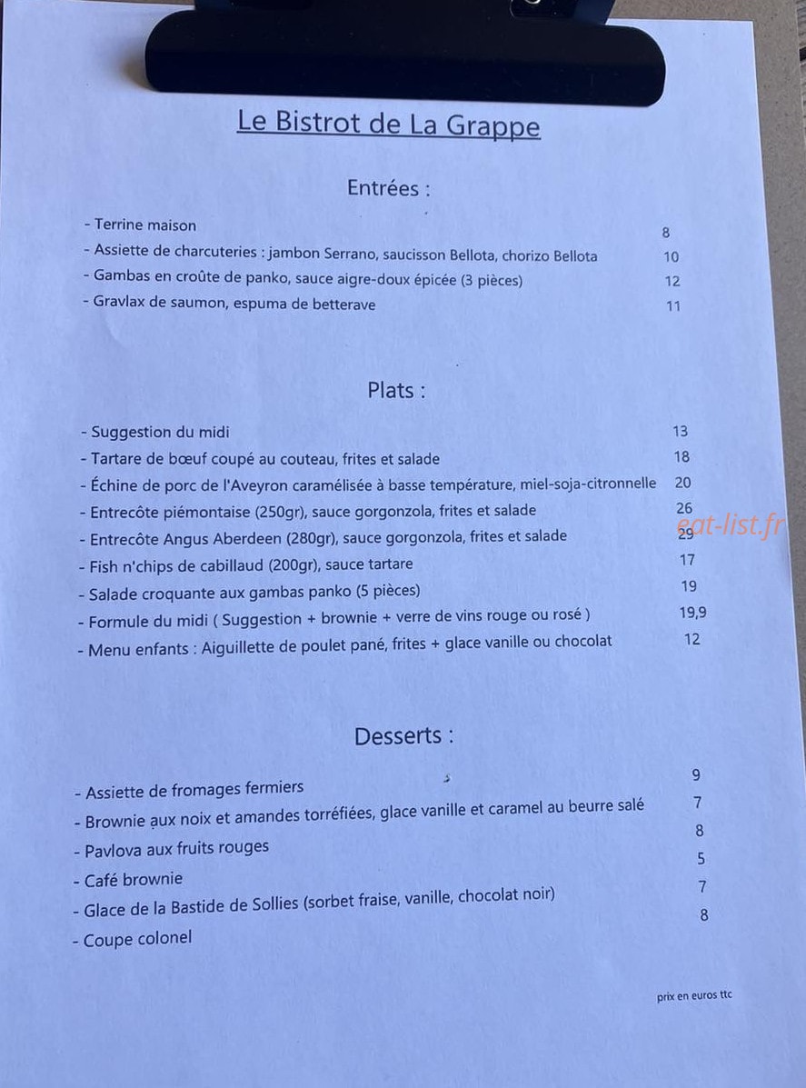 Le Bistrot de la Grappe — carte page 1
