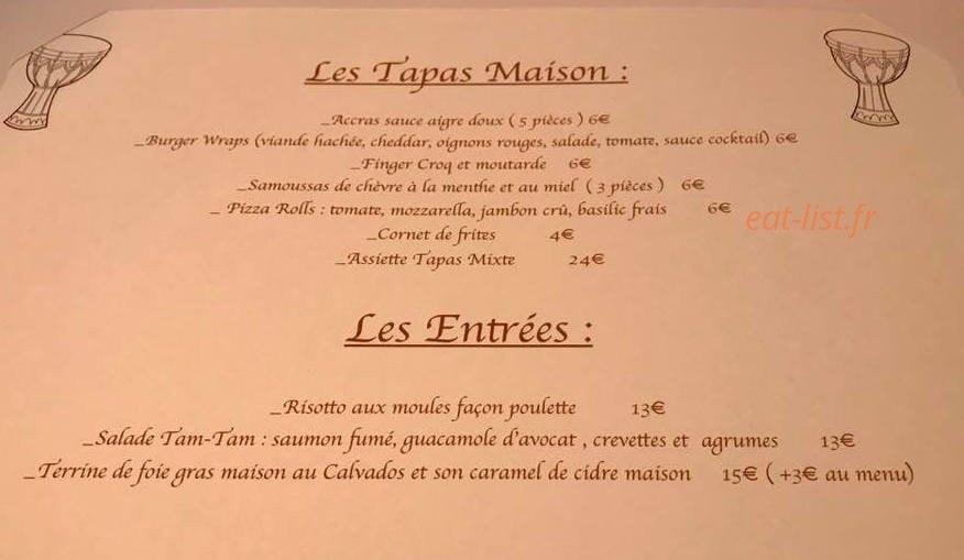 Le TamTam Restaurant — carte page 1