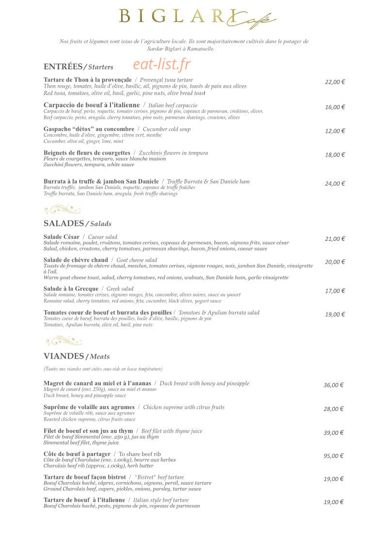 Biglari Cafe — carte page 1