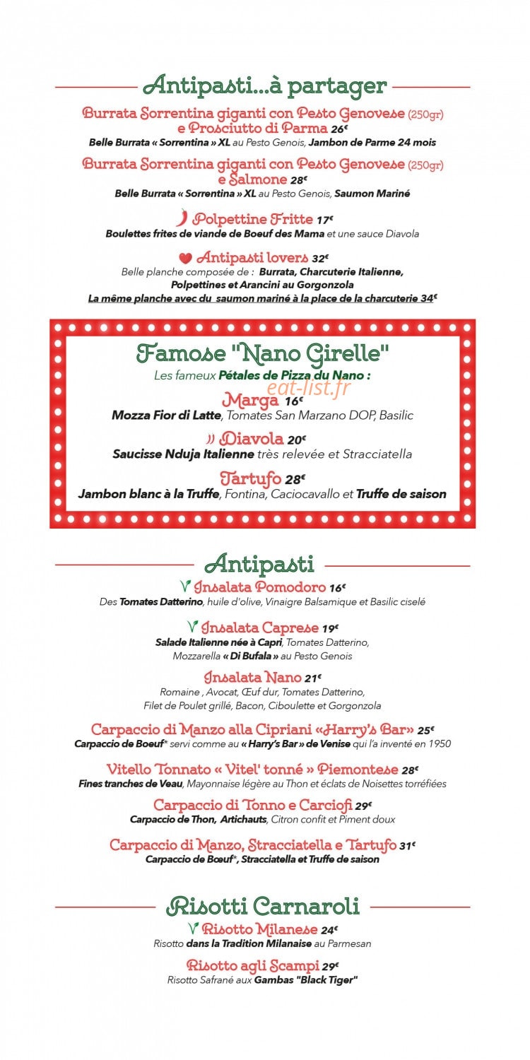 Nano Trattoria — carte page 1