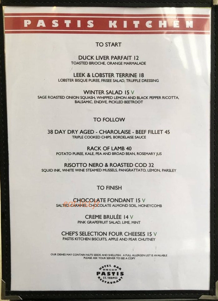 Pastis Kitchen — carte page 1
