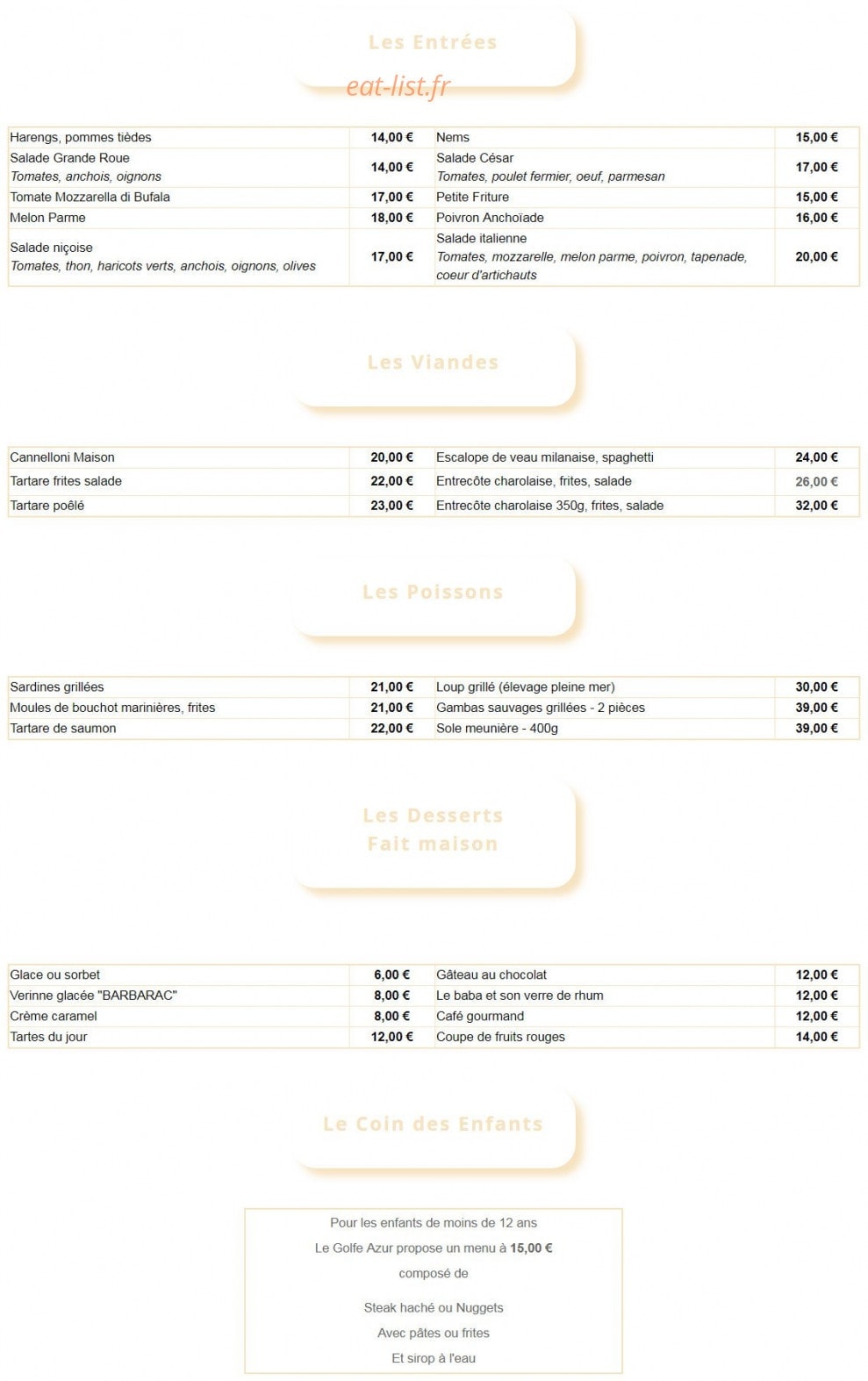 Restaurant Golf Azur — carte page 1