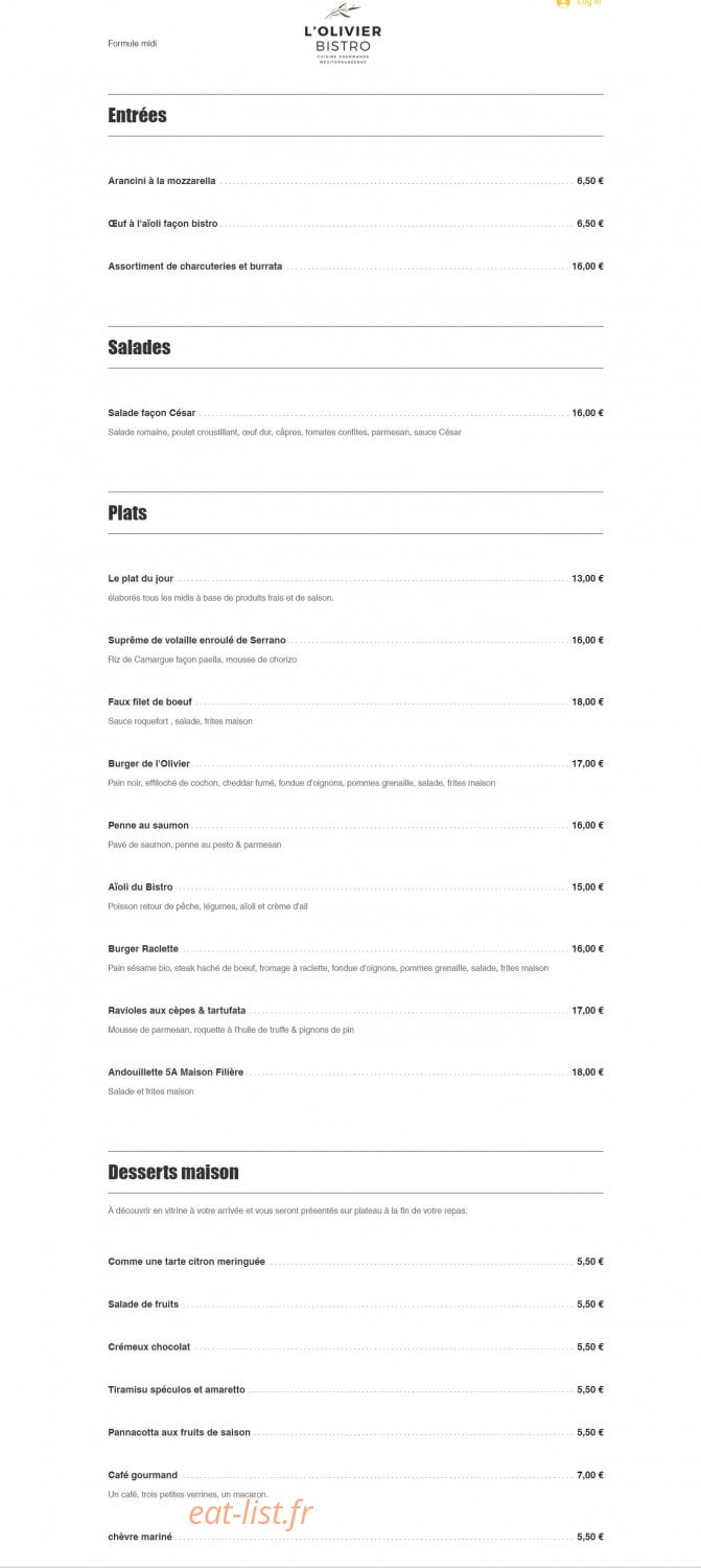 L'Olivier Bistro — carte page 1