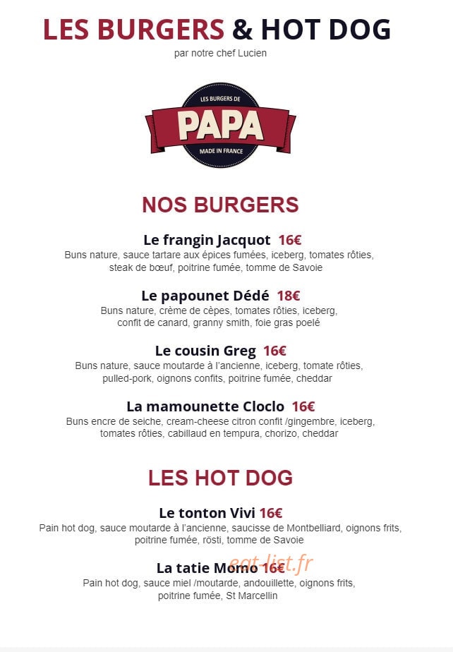 La Cuisine de Papa — carte page 1