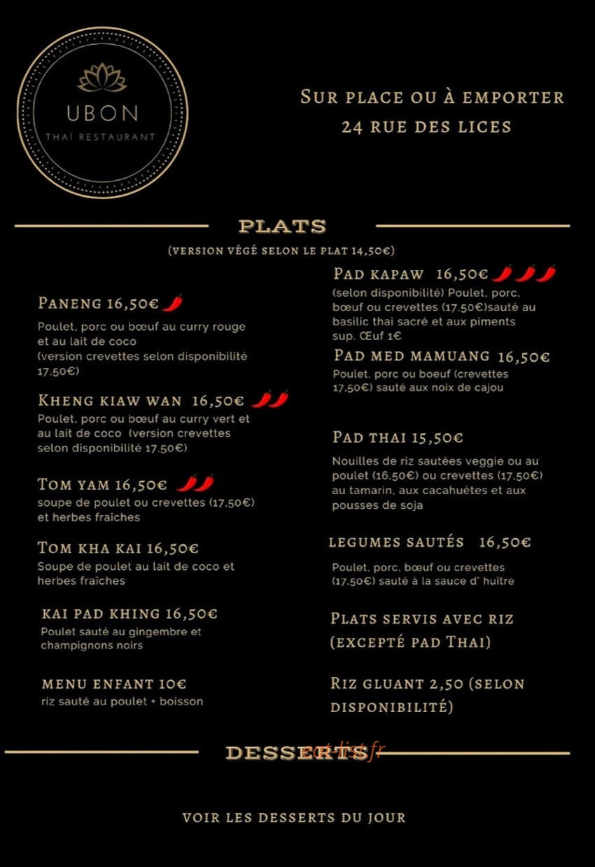 Ubon Thai — carte page 2