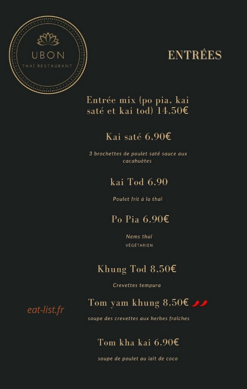Ubon Thai — carte page 1
