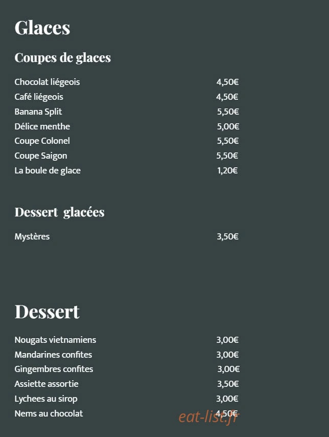 Carte et menu de Le Saïgon à Orange — Glaces et desserts