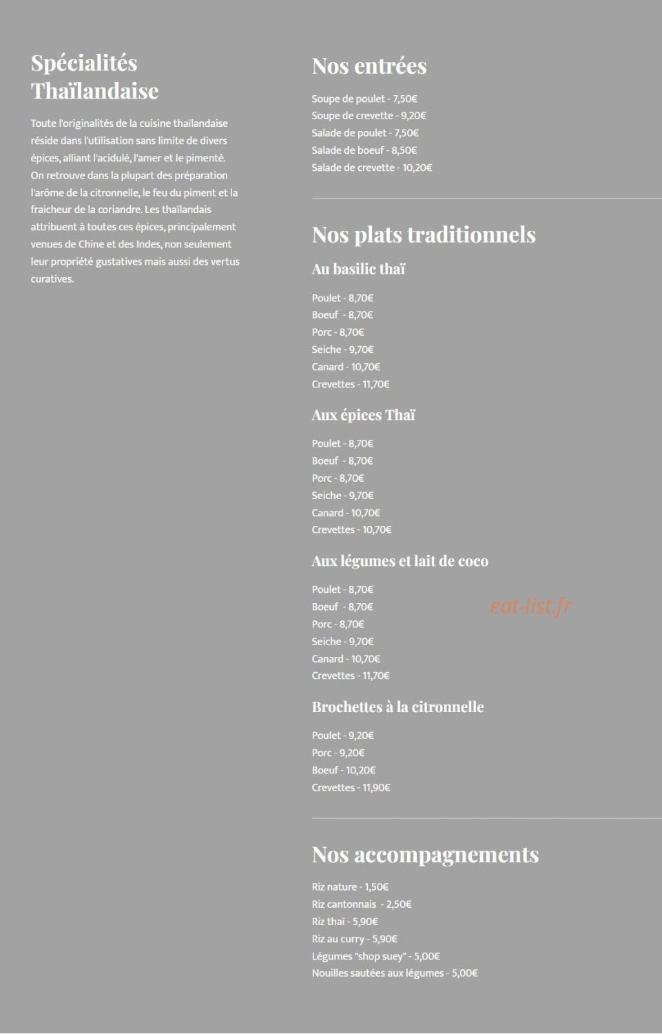 Carte et menu de Le Saïgon à Orange — Spécialités Thaïlandaise
