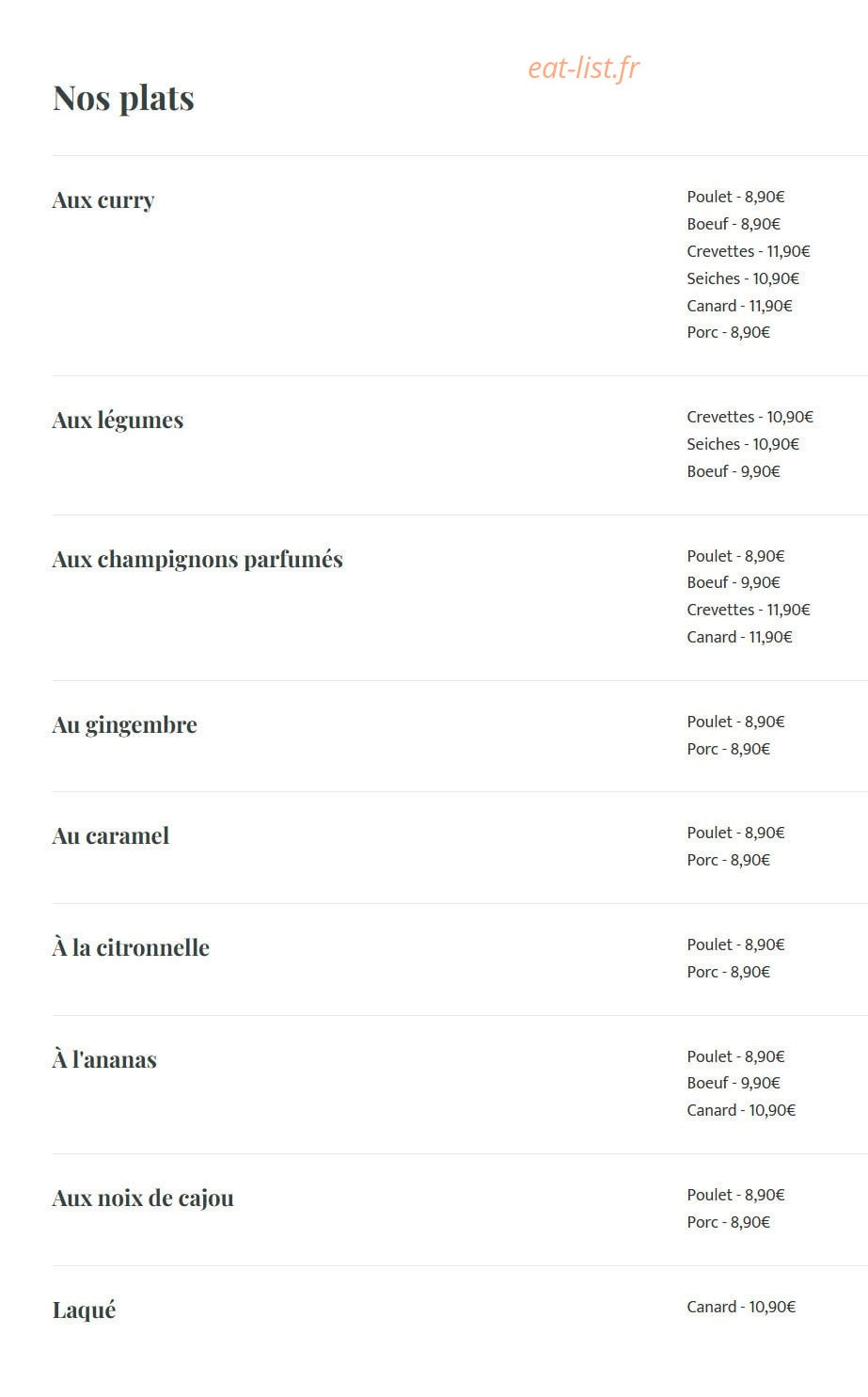 Carte et menu de Le Saïgon à Orange — Les plats
