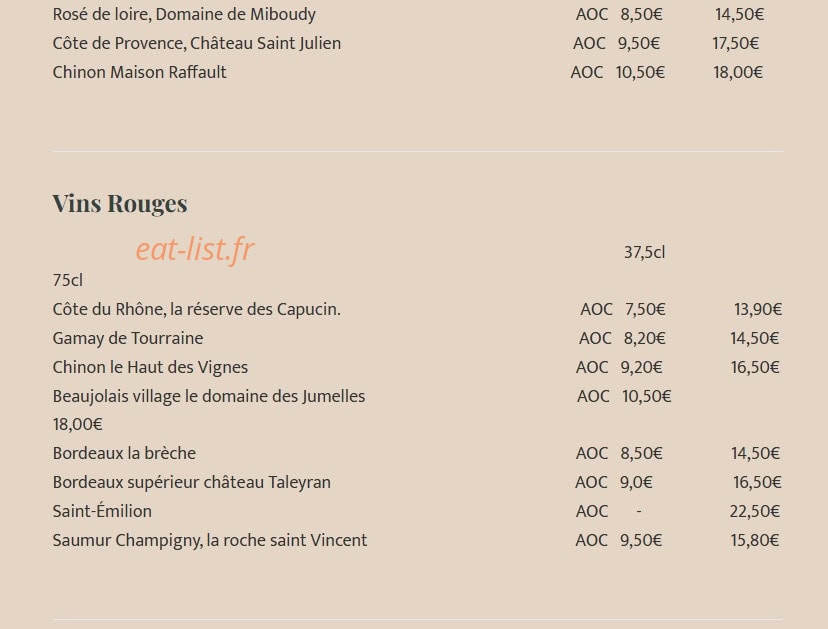 Carte et menu de Le Saïgon à Orange — Vins