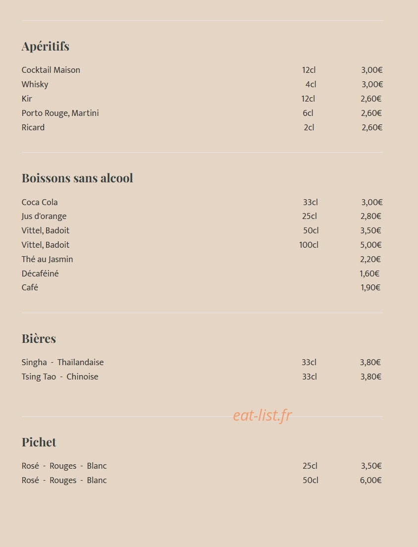 Carte et menu de Le Saïgon à Orange — Apéritifs, boissons et bières