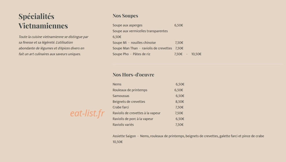 Carte et menu de Le Saïgon à Orange — Spécialités Vietnamiennes