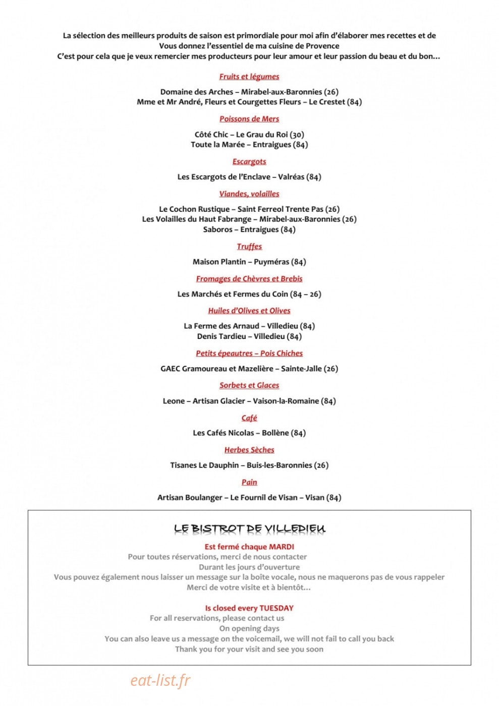 Le Bistrot de Villedieu — carte page 2