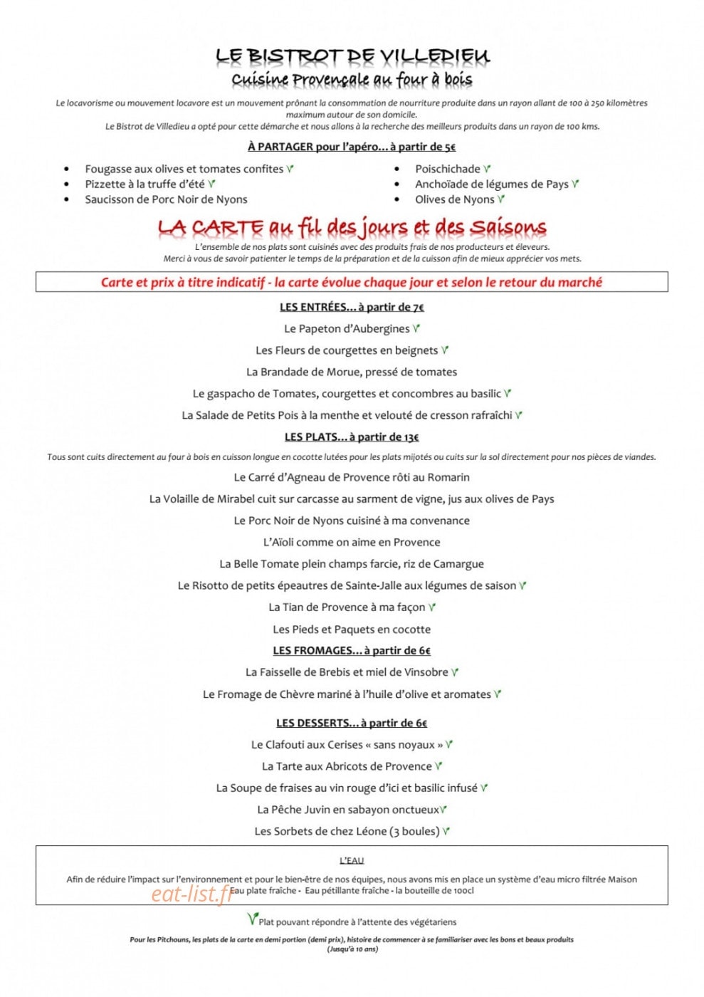 Le Bistrot de Villedieu — carte page 1