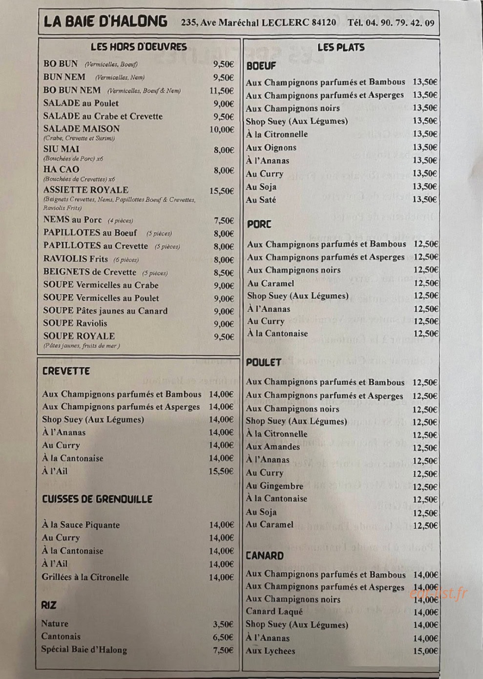 Carte et menu de Baie d'Halong à Pertuis — La carte