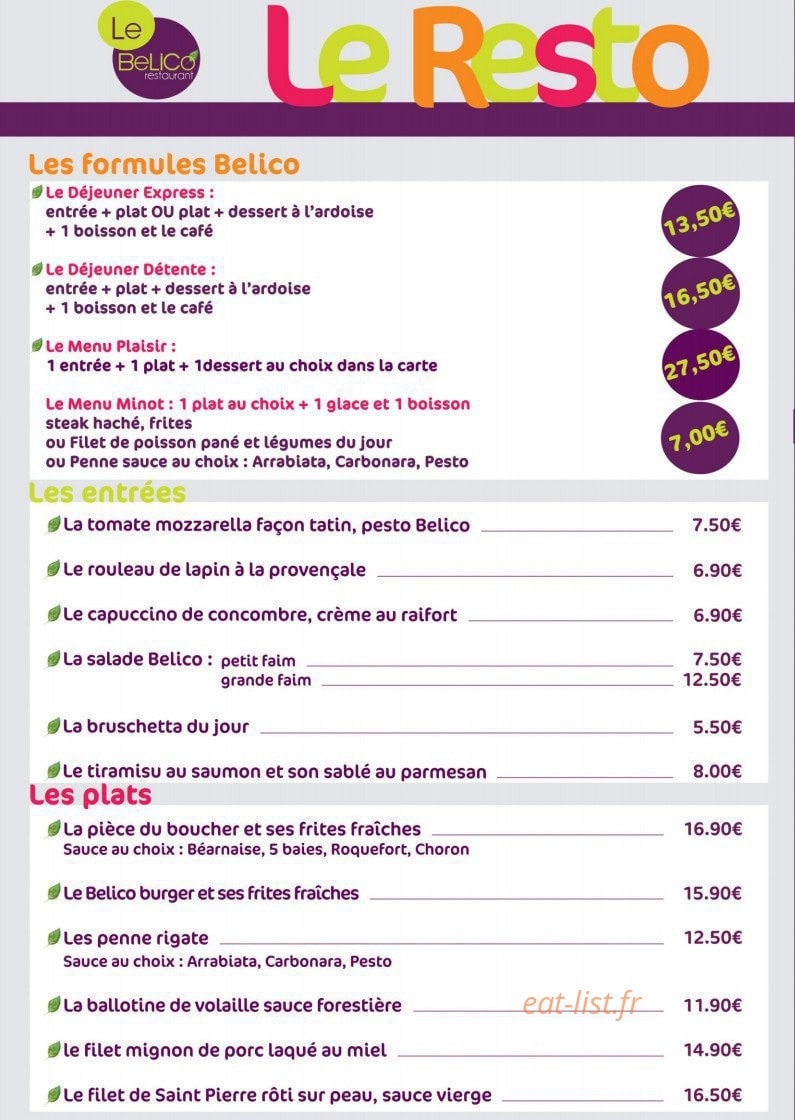 Le Belico Resto — carte page 1