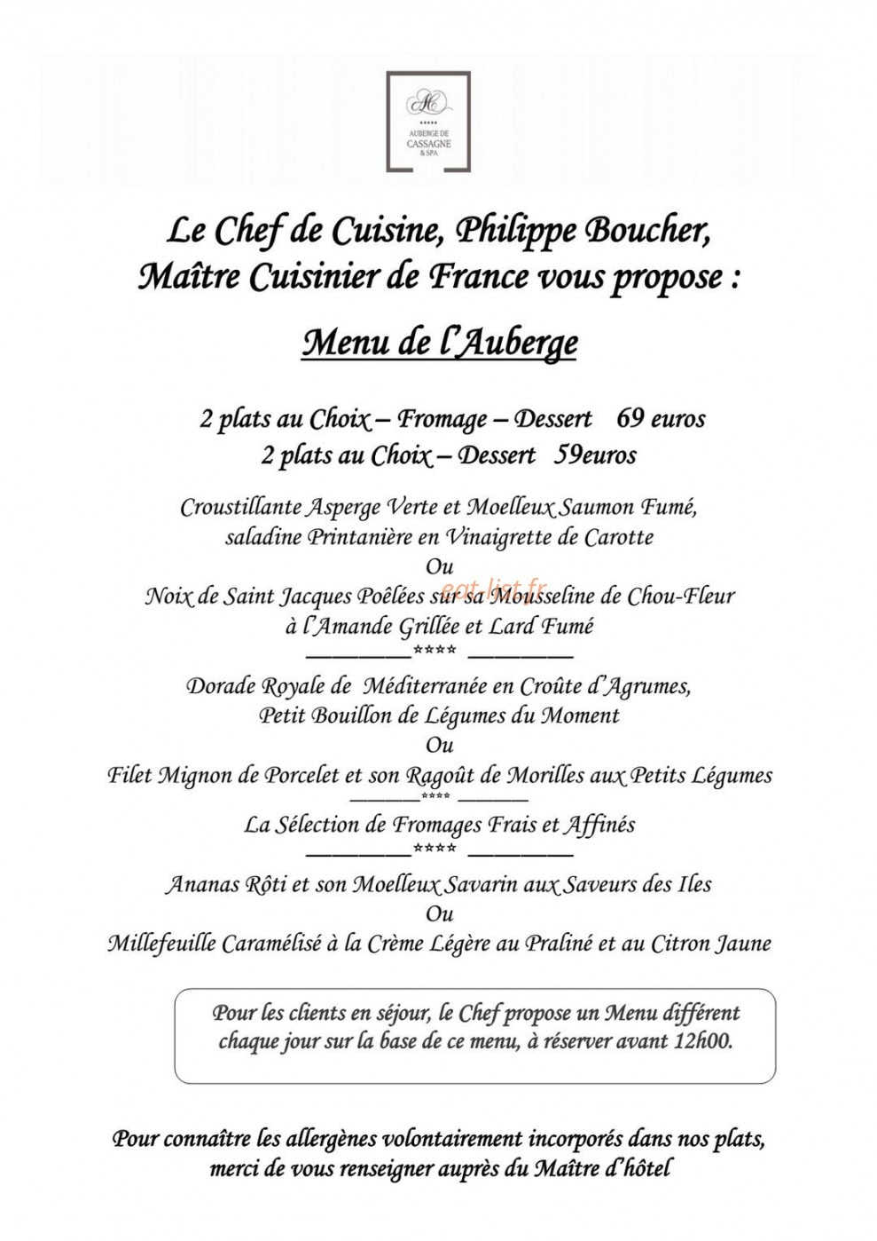 Auberge de cassagne et spa — carte page 1