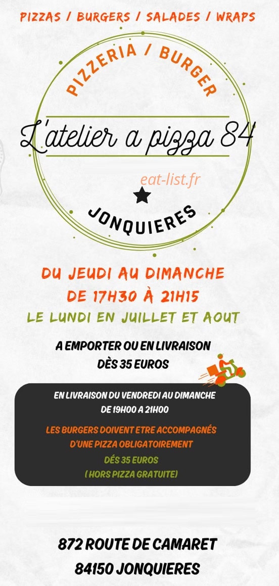 L'atelier a Pizza 84 — carte page 1