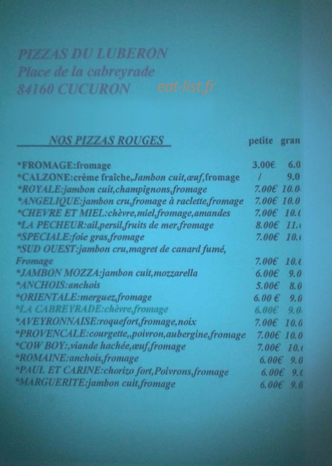 Pizzas du Luberon — carte page 1