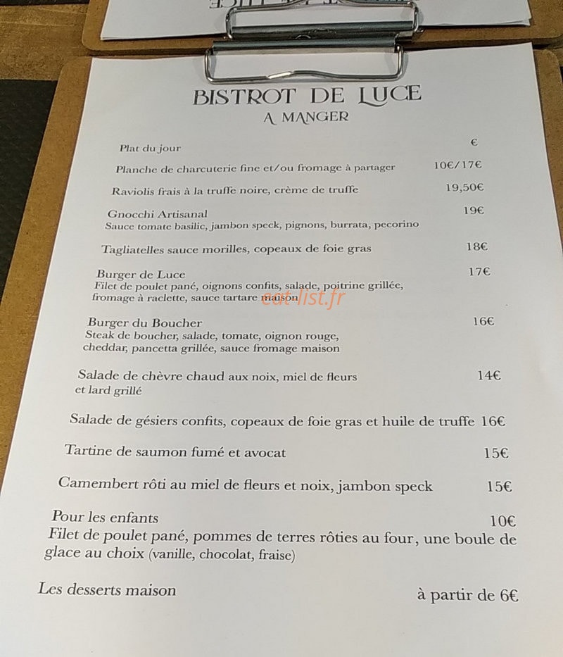 Bistrot de Luce — carte page 1