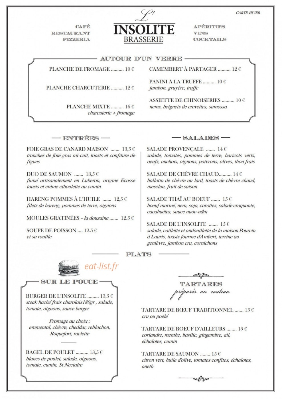 Brasserie L'Insolite — carte page 1