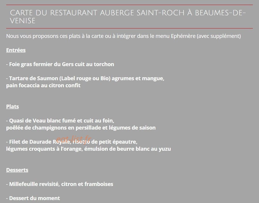 Auberge Saint Roch — carte page 1