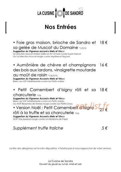 La Cuisine de Sandro — carte page 2