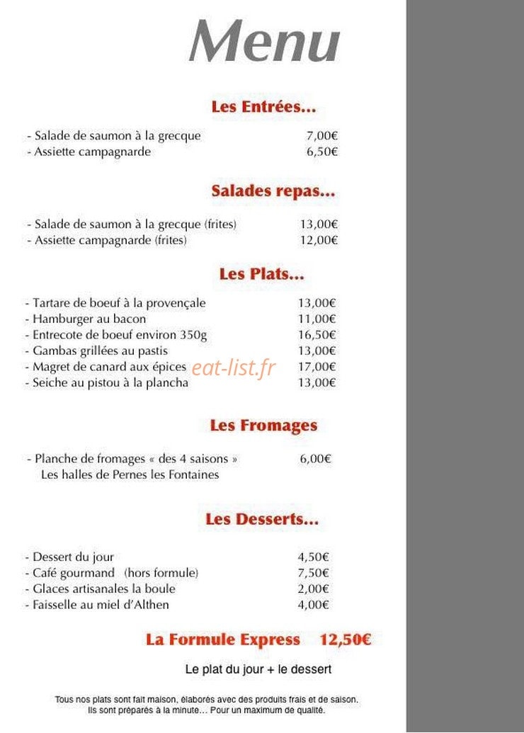 Carte et menu de Le Bistrot d'Althen à Althen des Paluds — Entrées, plats, desserts,....